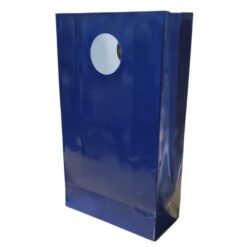 Blue paper shopping bag with a circular cut-out handle on the front.