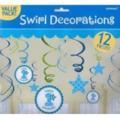 Package of 12 swirl decorations with blue and green spirals and star shapes for a birthday party pack of decorations with a blue header reading Swirl Decorations (value pack). It conveys party ambiance and color theme.