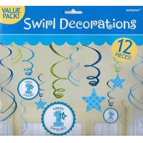 Package of 12 swirl decorations with blue and green spirals and star shapes for a birthday party pack of decorations with a blue header reading Swirl Decorations (value pack). It conveys party ambiance and color theme.