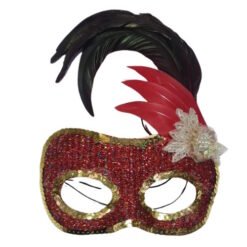 Red glitter masquerade mask with gold trim, two eye holes, and a black and red feather plume on the right side.