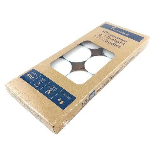 Box of 10 tealight candles in foil cups; white candles visible through a window on brown packaging with blue labels.