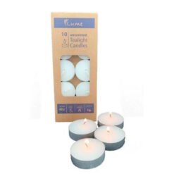 Box of 10 unscented tealight candles, with four tealights arranged outside on a white background.