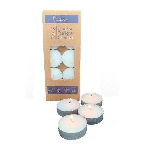 Box of 10 unscented tealight candles, with four tealights arranged outside on a white background.