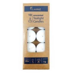 Box of 10 unscented tealight candles in a brown package with a window showing white tealights visible inside