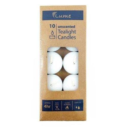 Box of 10 unscented tealight candles in a brown package with a window showing white tealights visible inside