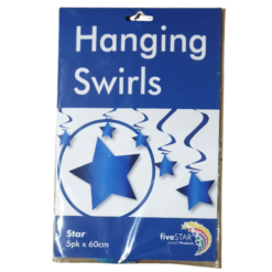 Package for Hanging Swirls party decorations featuring blue stars on a white background, labeled 'Hanging Swirls' with Star design, 5pk x 60cm.