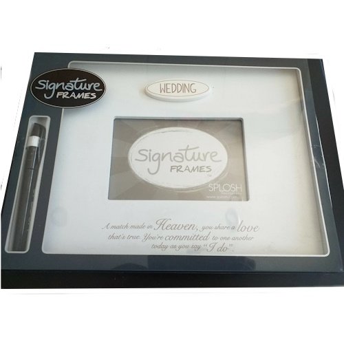 Signature Frames wedding album display box with a clear window showing the Signature Frames logo; a 'Wedding' label above the window and a pen mounted on the left side.