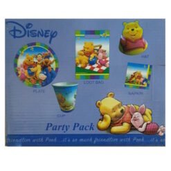 Disney Winnie the Pooh party pack with plate, cup, napkin, loot bag, and hat featuring Pooh and friends.
