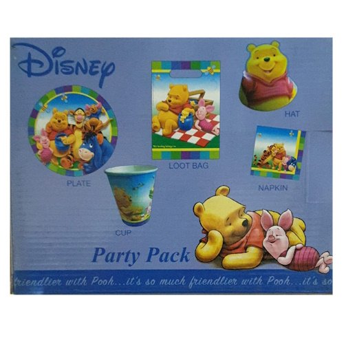 Disney Winnie the Pooh party pack with plate, cup, napkin, loot bag, and hat featuring Pooh and friends.