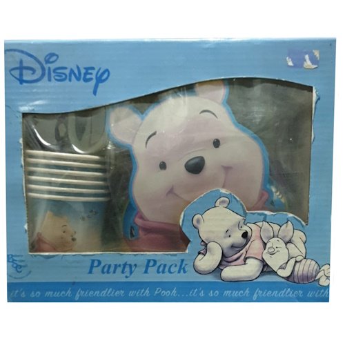 Blue Disney Party Pack box featuring Winnie the Pooh illustrations; shows Pooh face on the front and smaller character images, with stacked cups visible through the window.