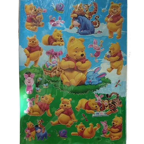 Colorful poster featuring Winnie the Pooh and friends in a picnic and playful scenes across a blue sky and green meadow.