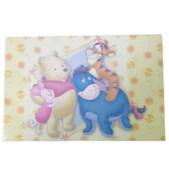 Winnie the Pooh and friends—Piglet, Eeyore, and Tigger—together on a pale yellow floral background.