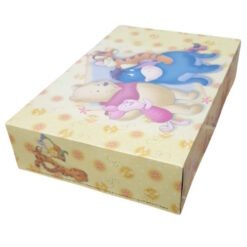Rectangular yellow gift box featuring Winnie the Pooh characters (Pooh, Piglet, Tigger, Eeyore) on the lid with a floral pattern.