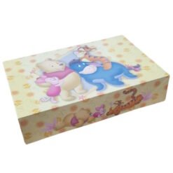 Rectangular storage box covered with Winnie the Pooh characters, including Pooh, Piglet, Eeyore, and Tigger.