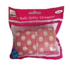 Two rolls of pink dotty tissue streamer inside bright pink packaging, a party decoration product.