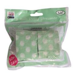 Pack containing two rolls of green dotty streamer in clear plastic packaging, decorative craft material for party decorating.