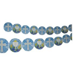 Blue circular garland medallions featuring white crosses and floral details, arranged in two lines for a First Communion theme.