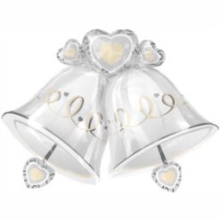 Two silver wedding bells with gold heart accents and ribbons, symbolizing a wedding celebration.