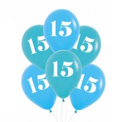 Six blue balloons with the number 15 in white, clustered for a 15th birthday celebration.