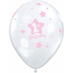 White birthday balloon with pink stars and hearts and '1st Birthday' text in the center.