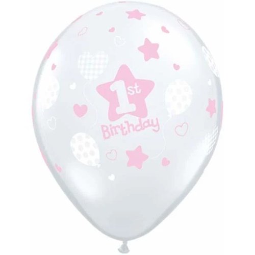 White birthday balloon with pink stars and hearts and '1st Birthday' text in the center.