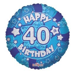 Blue round birthday balloon reading 'Happy 40th Birthday' with stars and a blue pattern, suitable for a 40th birthday celebration