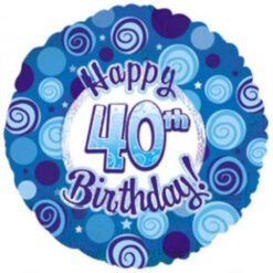 Blue round birthday balloon with swirl patterns and the text 'Happy 40th Birthday!'
