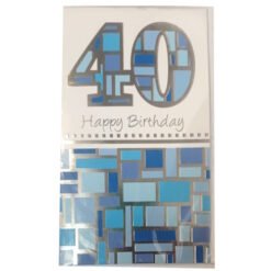 Birthday card displaying a blue mosaic '40' design with 'Happy Birthday' text and a blue geometric pattern at the bottom.