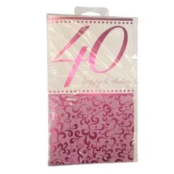 Packaged 40th birthday card: cream top with large pink '40' and 'happy birthday' text, pink ornate pattern on bottom half.