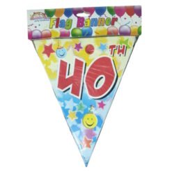 Bright triangular pennant from a colorful party flag banner with balloons and stars, showing red letters 'HO' on a gradient blue/pink background.