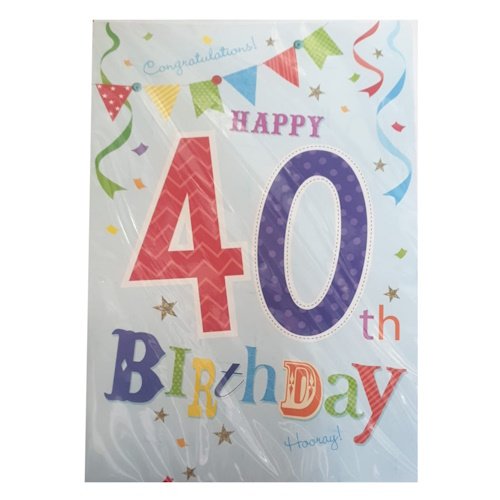 Colorful birthday card that says 'Happy 40th Birthday' with oversized red 4 and purple 0, banners, streamers, and stars.
