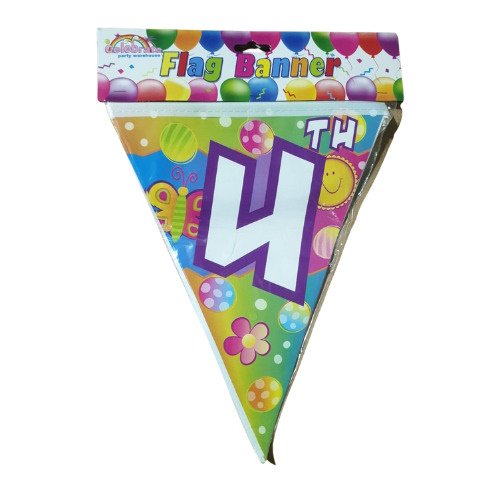 Colorful triangular pennant with a large purple W, part of a birthday flag banner featuring balloons and flowers.