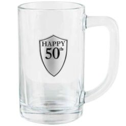 Clear glass beer mug with a silver shield emblem that reads 'HAPPY 50th'.
