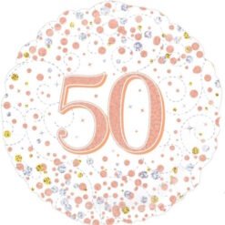 Round celebration badge with large pink '50' in the center and multicolored confetti around the edges.