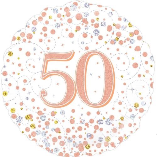 Round celebration badge with large pink '50' in the center and multicolored confetti around the edges.