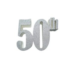 Glittery silver '50th' anniversary badge.