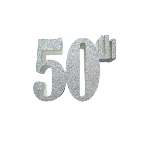 Glittery silver '50th' anniversary badge.