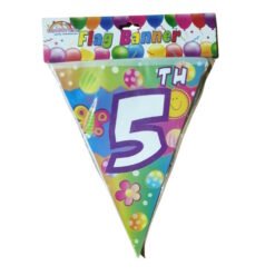 Colorful triangular birthday banner for a 5th birthday with balloons and flowers in a bright multicolor design.