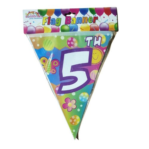 Colorful triangular birthday banner for a 5th birthday with balloons and flowers in a bright multicolor design.