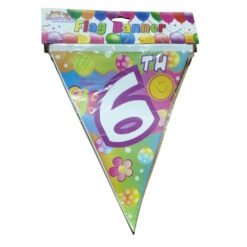 Colorful triangular party banner for a 6th birthday, with balloons, flowers, and a large '6' and 'th' text patching the design.