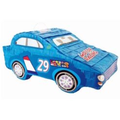 Blue toy car piñata with the number 29 and racing decals, labeled Motor Racing.