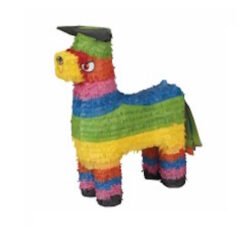 Colorful rainbow-striped piñata shaped like a donkey for parties