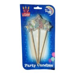 Five star-shaped birthday candles with digits 1–5 on wooden wicks, in a blue 'Party Candles' package.