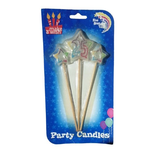 Five star-shaped birthday candles with digits 1–5 on wooden wicks, in a blue 'Party Candles' package.