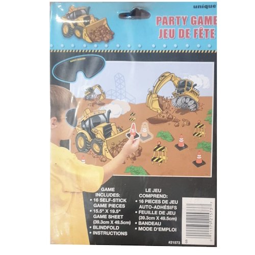 Party game package showing a construction-themed play mat with toy excavators and orange cones on a blue backdrop.