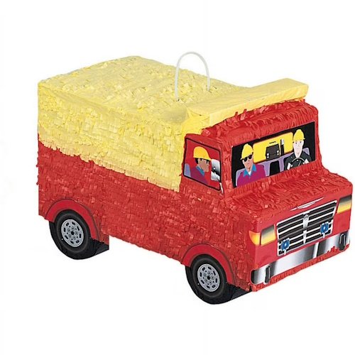 Truck-shaped piñata in red and yellow with a white hanging loop on top, resembling a delivery vehicle for party celebrations.