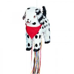 Hanging white Dalmatian plush toy with black spots and a red bandana, with multicolored ribbons dangling beneath.