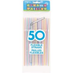 Pack of 50 colorful flexible striped straws with a bendable top section, labeled '50' on the front, for drinks.