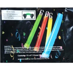 Dark package with five neon glow sticks (green, red, orange, yellow, blue) on black background; text about glow sticks and activation steps visible.