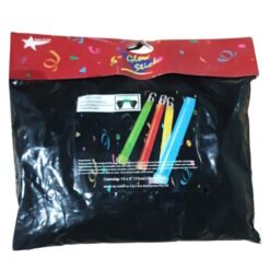 Black plastic package with a red confetti-pattern top labeled '6 Glow Sticks' containing six neon-colored glow sticks (green, yellow, orange, pink, blue, and purple) displayed on the front.